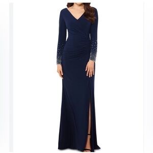 Xscape Beaded Sleeve A Line Gown Size 8 Navy V Neck Ruched Slit Mother Of Bride